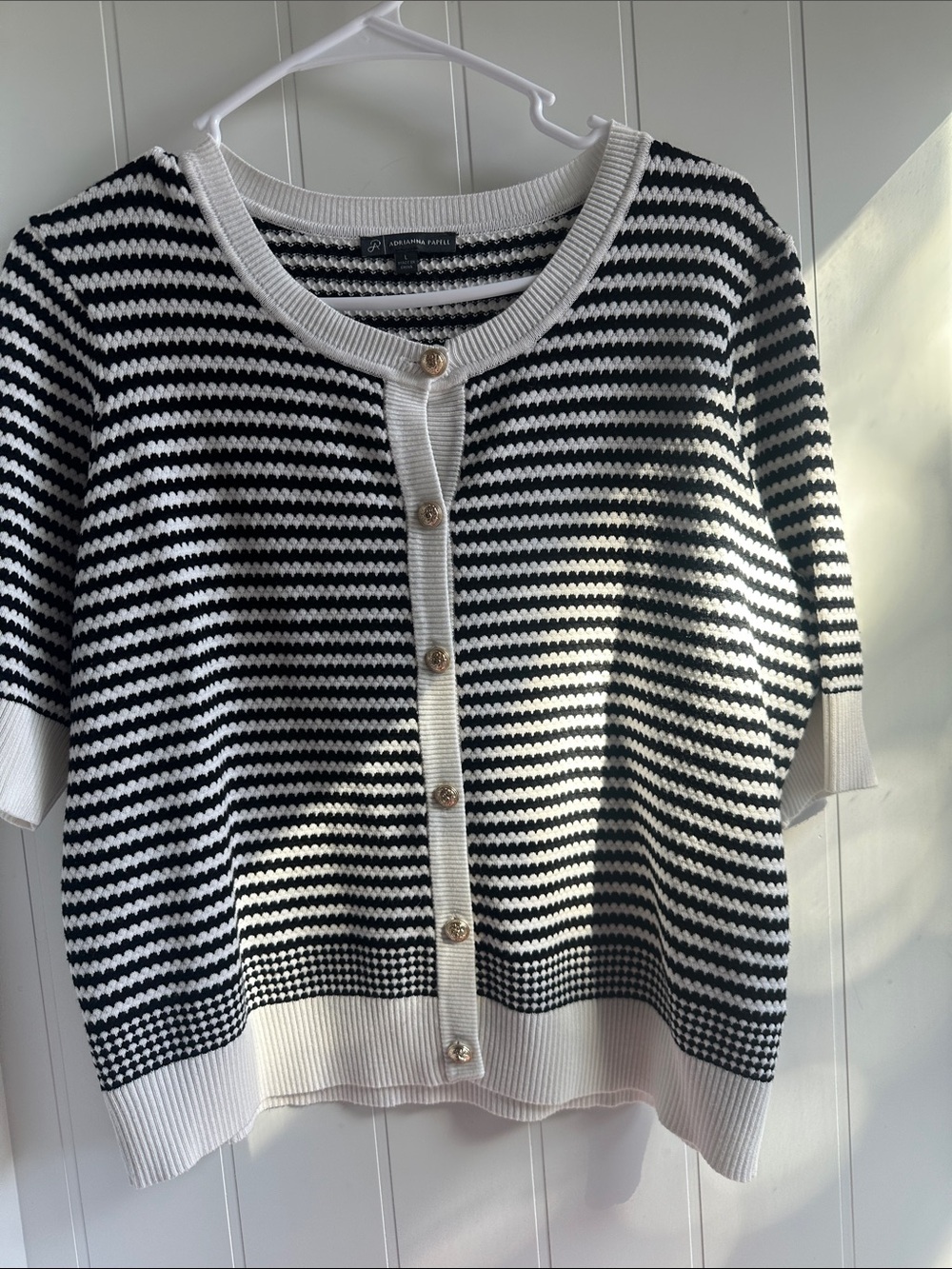 Adrianna Papell Black and White Striped Short Sleeve Sweater Cardigan